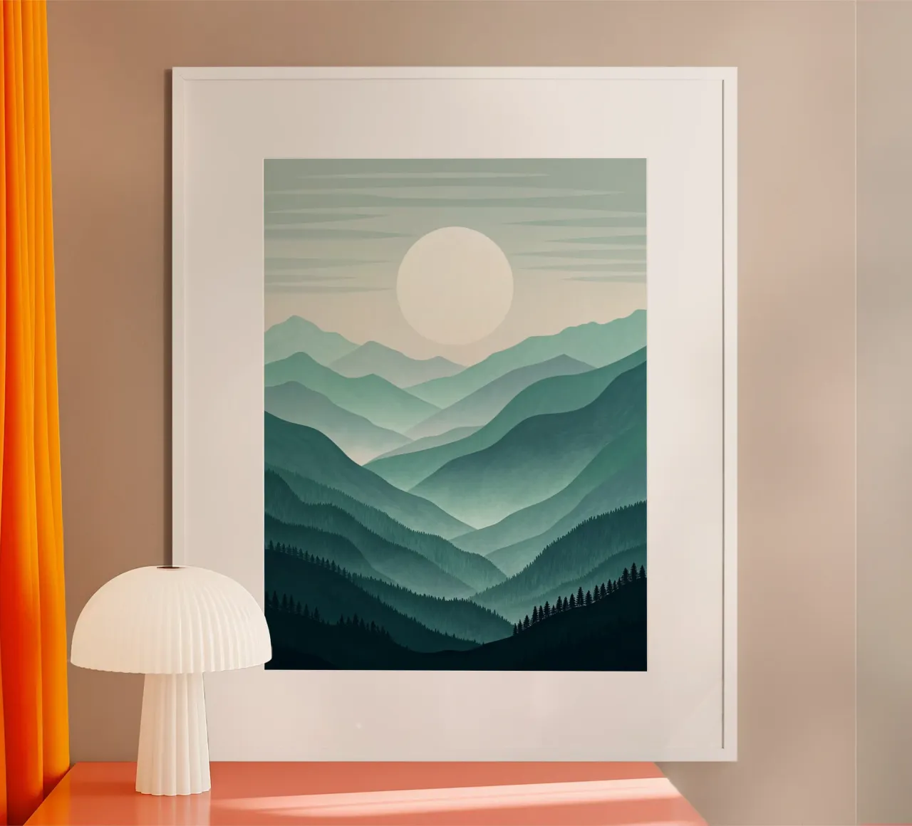 Een rustig uitzicht: Lagen van groenblauw en groene bergen poster met houten frame van Artistic-shop