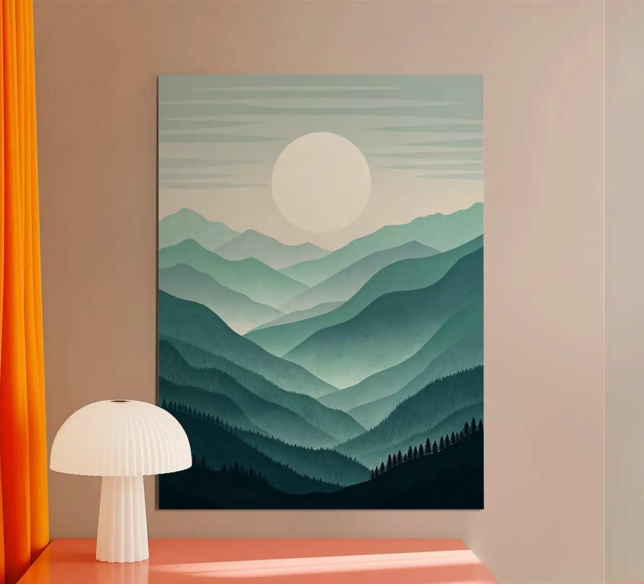 Een rustig uitzicht: Lagen van groenblauw en groene bergen poster met houten frame van Artistic-shop