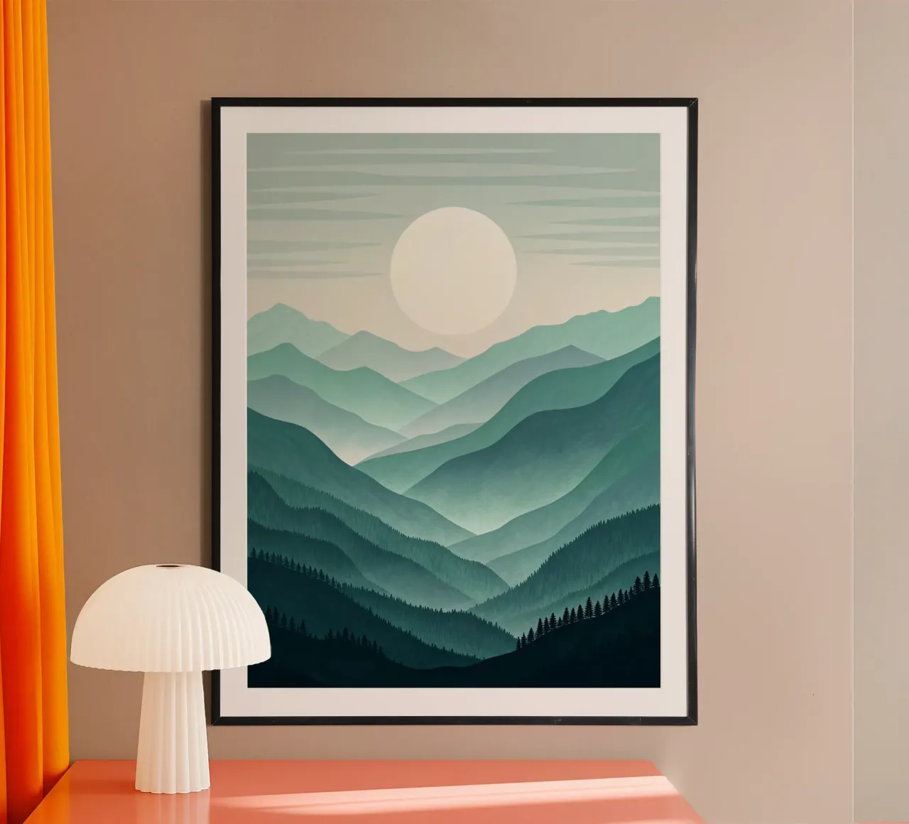 Een rustig uitzicht: Lagen van groenblauw en groene bergen poster met houten frame van Artistic-shop
