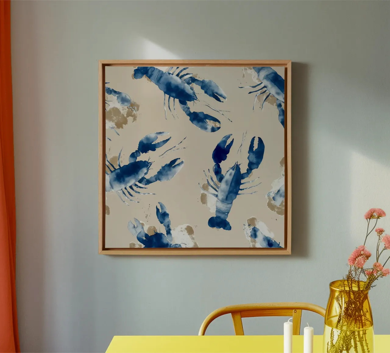 Indigo Lobsters canvas with Floater frame by Matthias Keller Studio