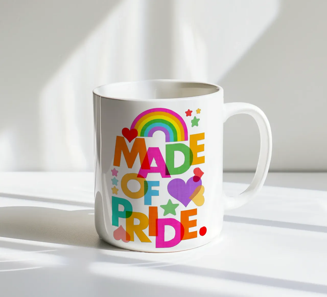 Made with Pride - Arte tipografica in grassetto con i colori dell'arcobaleno tazza in ceramica da Dominique Vari Words