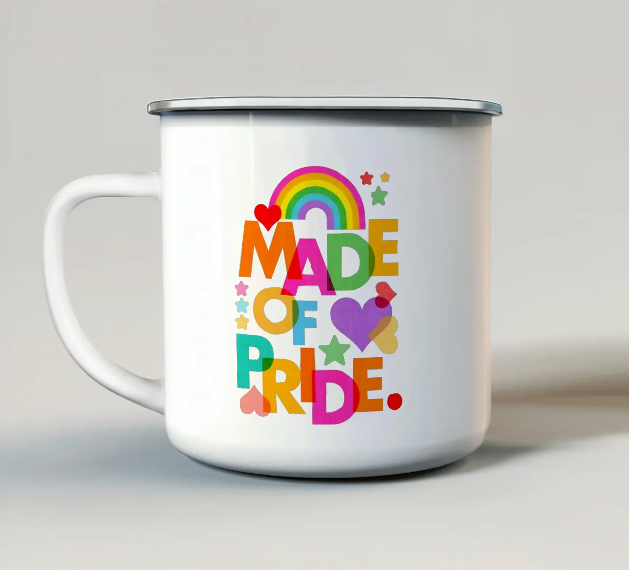 Made with Pride - Arte tipografica in grassetto con i colori dell'arcobaleno tazza in smalto da Dominique Vari Words