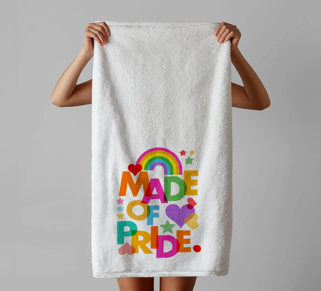 Made with Pride • Bold Typographic Art in Rainbow Colours towel by Dominique Vari Words