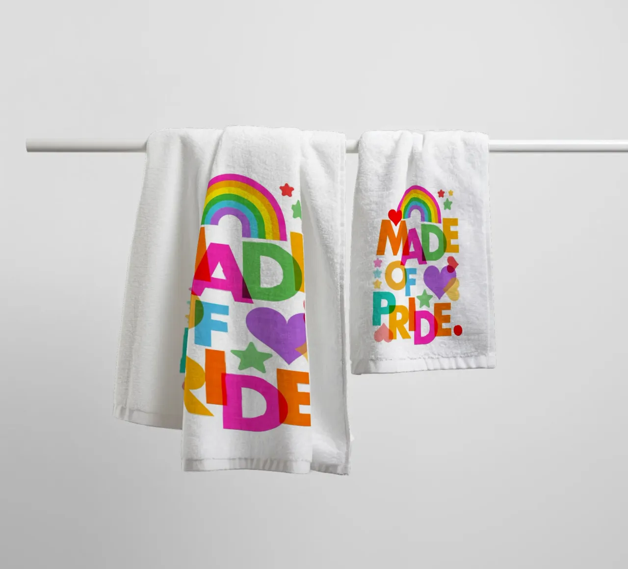 Made with Pride • Bold Typographic Art in Rainbow Colours towel by Dominique Vari Words