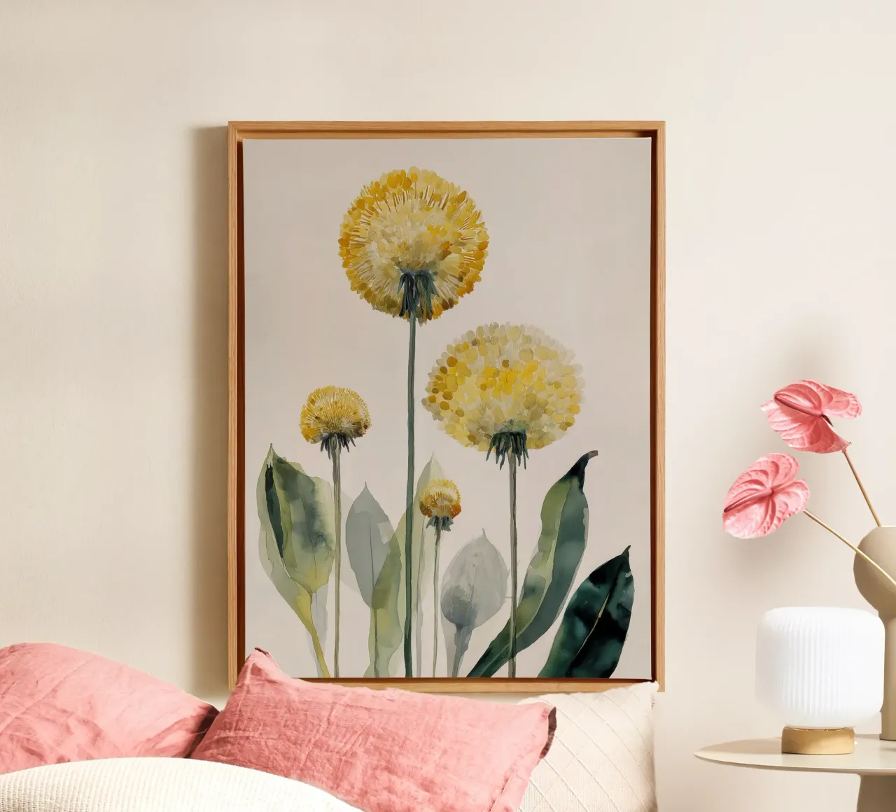 Soft Meadow Dandelions canvas with Floater frame by Sophia Calder Studio