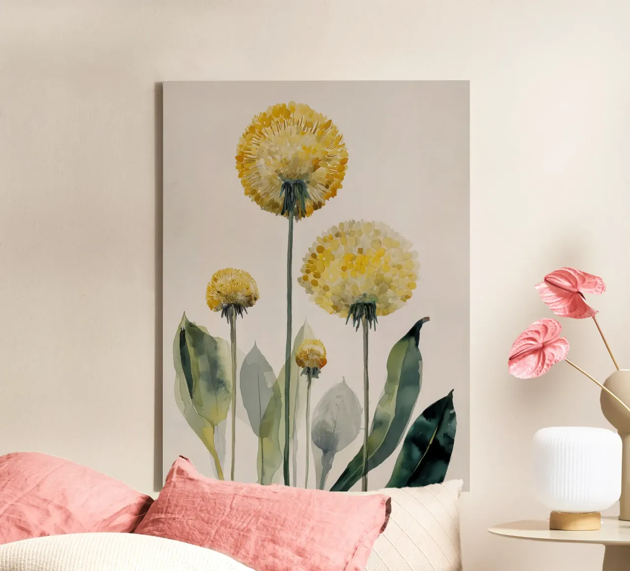 Soft Meadow Dandelions canvas with Floater frame by Sophia Calder Studio