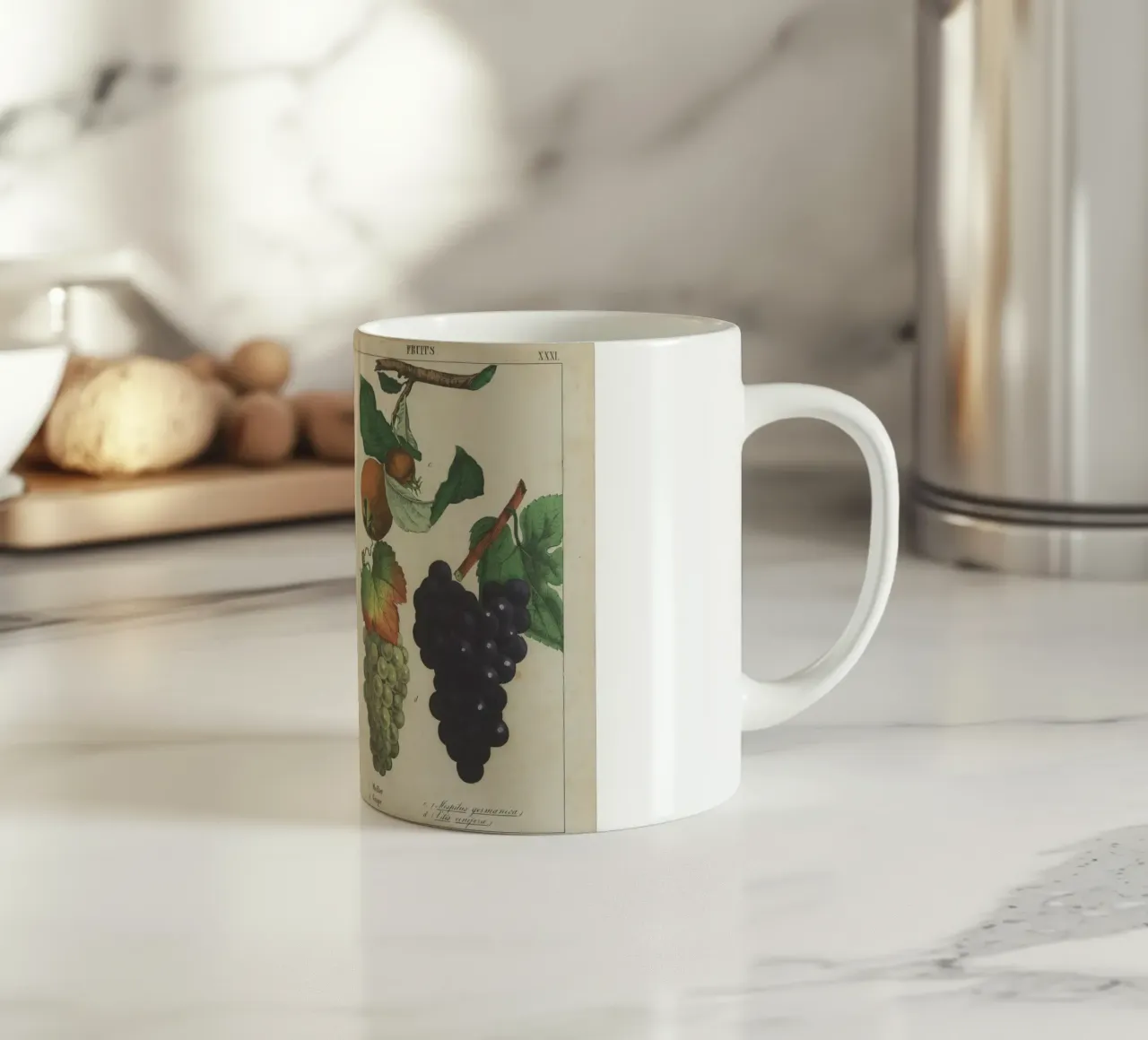 Stampa botanica di frutta d'epoca - Cotogna, pera, nespola, uva tazza in ceramica da ClubArt