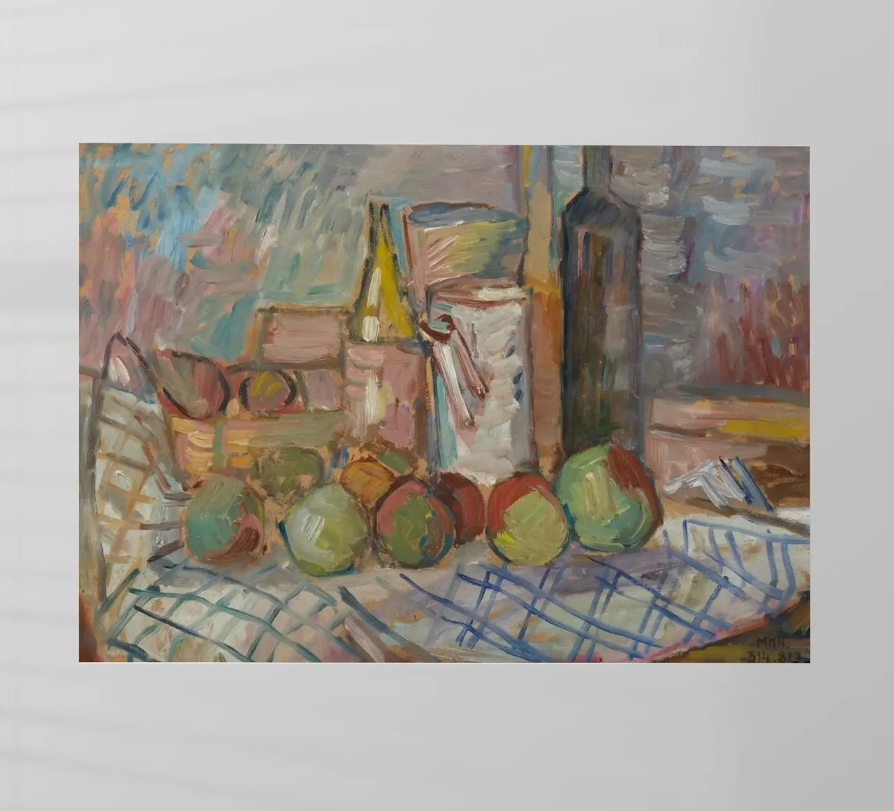 Pittura impressionista di natura morta - Frutta e bottiglie Art. pellicola backlit da ClubArt