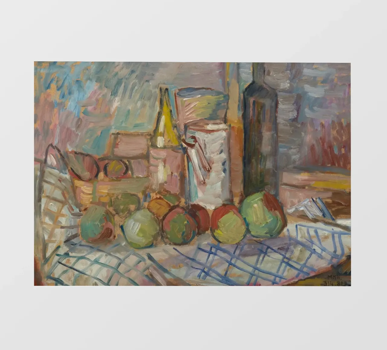 Pittura impressionista di natura morta - Frutta e bottiglie Art. pellicola backlit da ClubArt