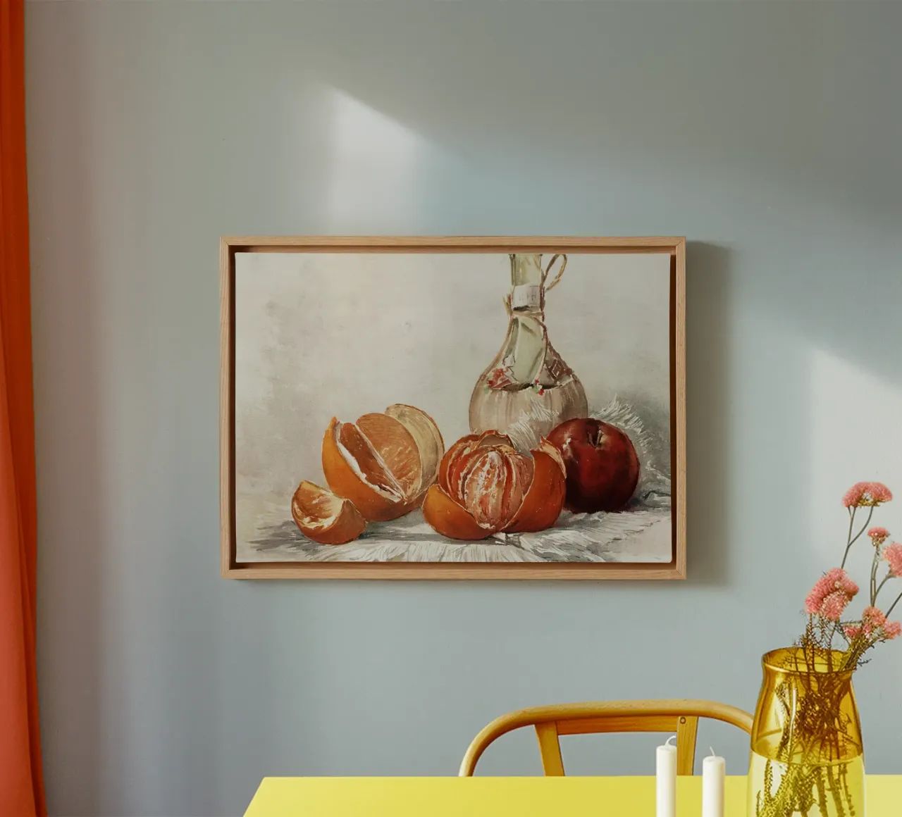 Stillleben Aquarell - Orange, Apfel & Flaschenmalerei Leinwand mit Schattenfugenrahmen von ClubArt