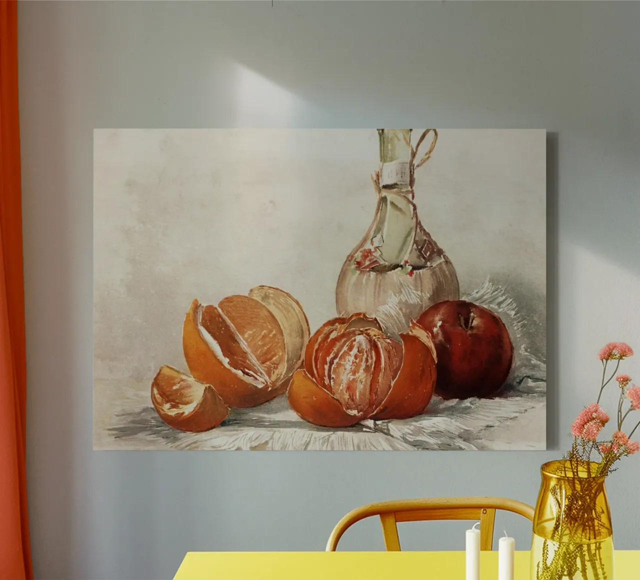Stillleben Aquarell - Orange, Apfel & Flaschenmalerei Leinwand mit Schattenfugenrahmen von ClubArt