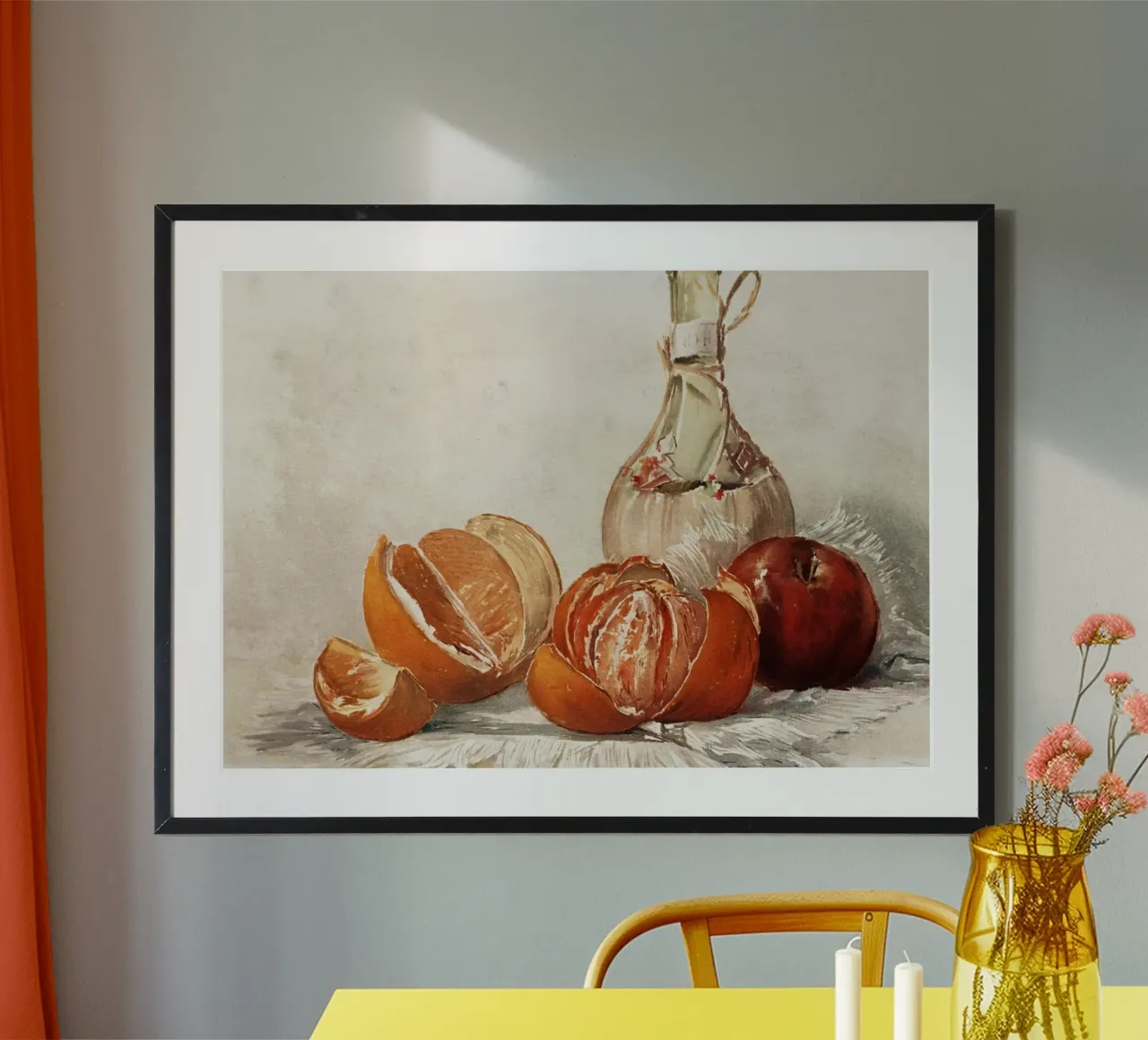 Natura morta ad acquerello - Pittura di arance, mele e bottiglie poster da ClubArt