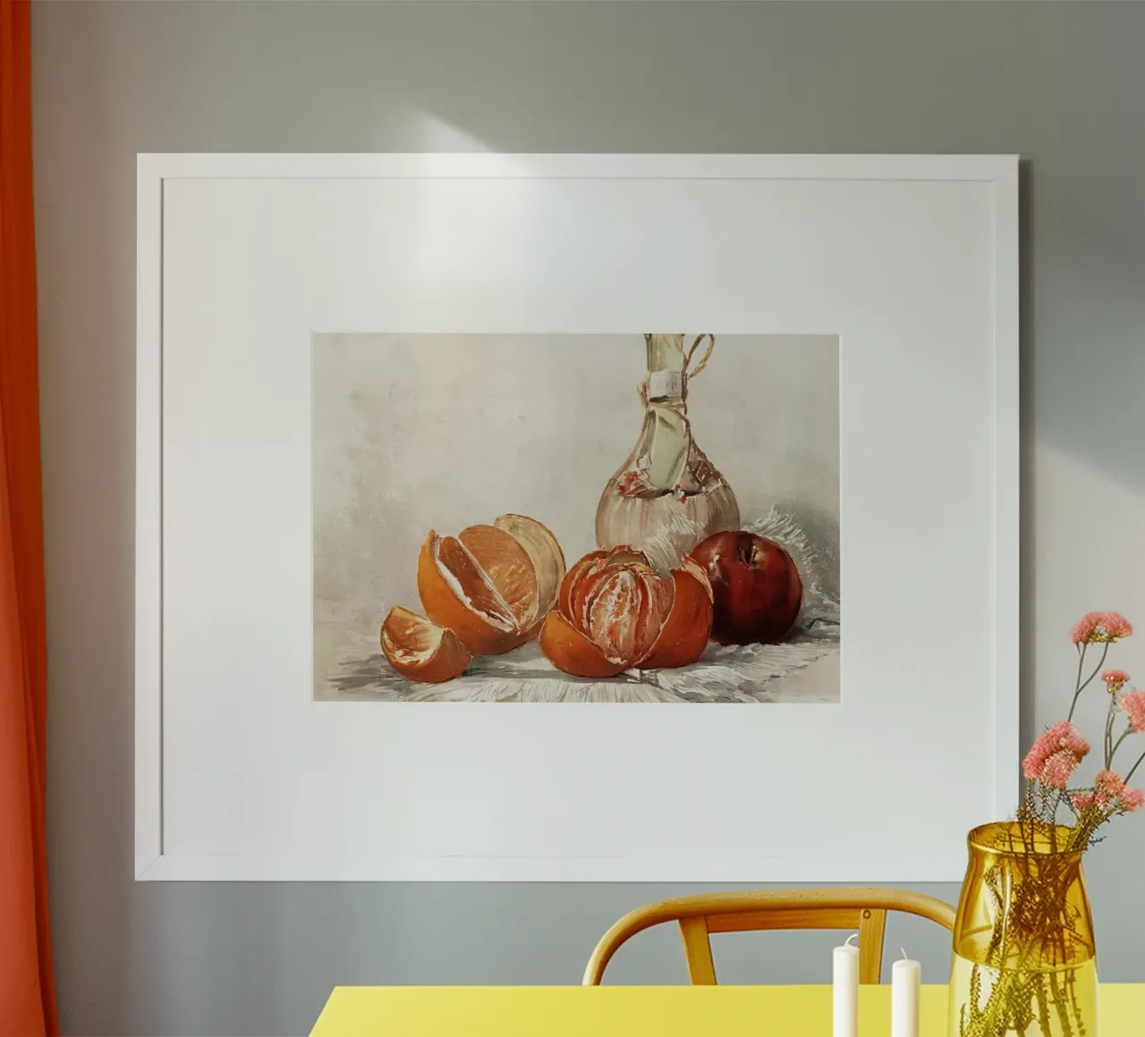 Natura morta ad acquerello - Pittura di arance, mele e bottiglie poster da ClubArt