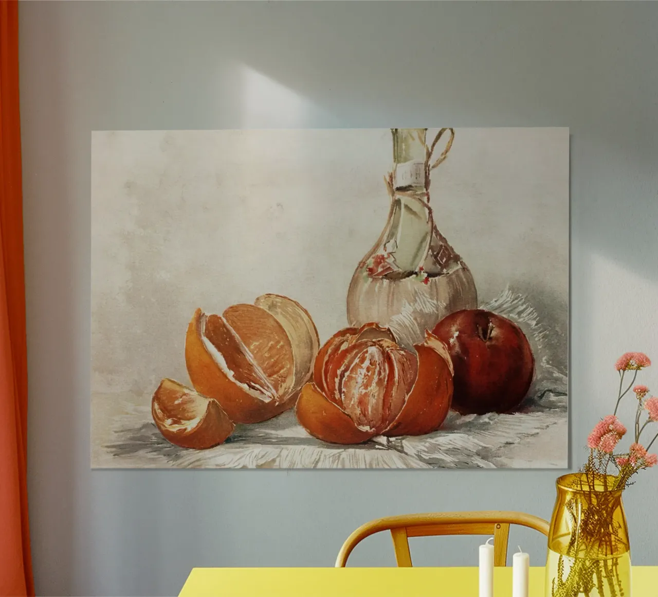 Natura morta ad acquerello - Pittura di arance, mele e bottiglie poster da ClubArt