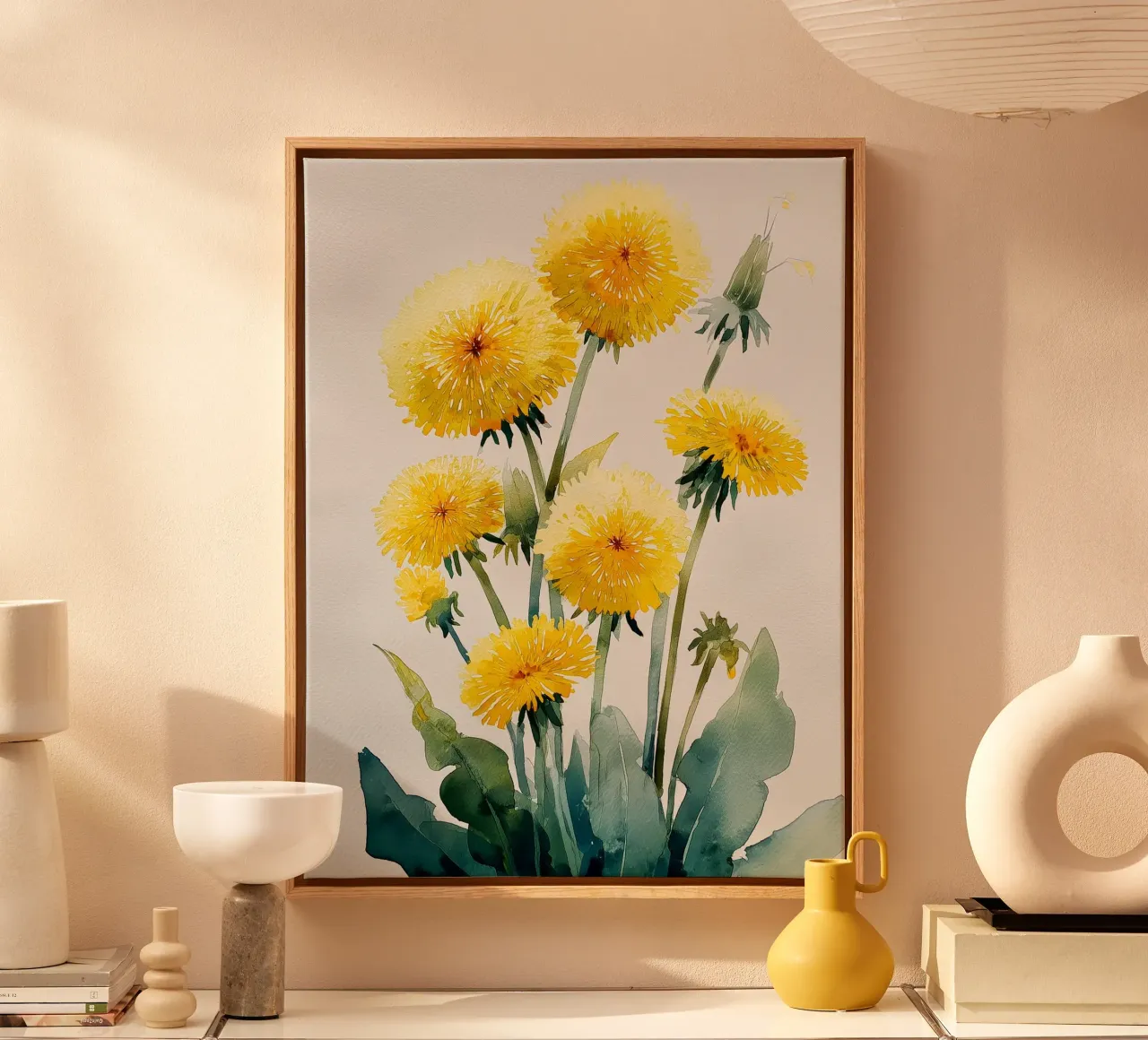 Goldener Löwenzahn Cluster Leinwand mit Schattenfugenrahmen von Sophia Calder Studio