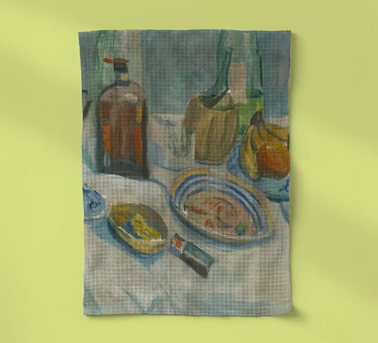 Nature morte bouteilles et fruits - Peinture moderniste texturée torchon de ClubArt