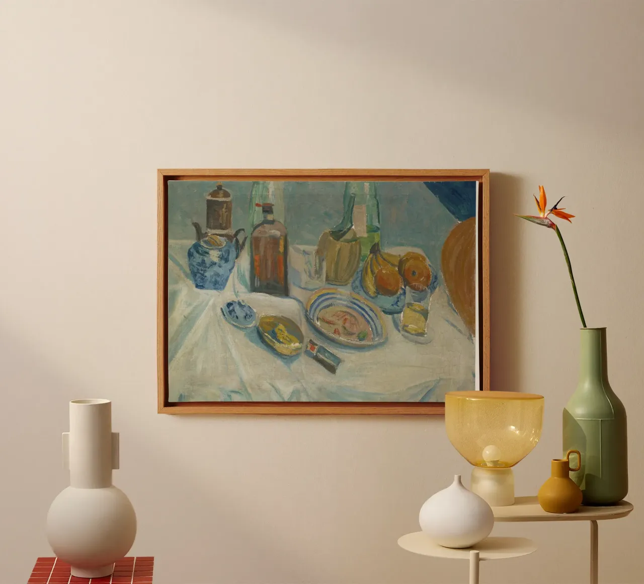 Stilleven flessen en fruit - Modernistisch schilderij met structuur canvas met Baklijst van ClubArt
