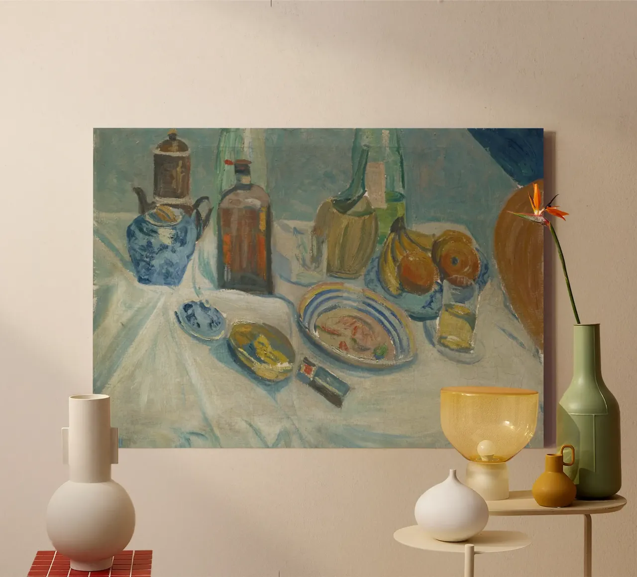 Stilleven flessen en fruit - Modernistisch schilderij met structuur canvas met Baklijst van ClubArt
