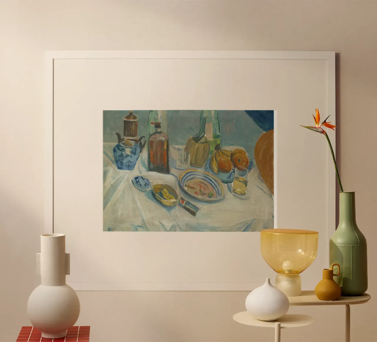 Still Life Bottles & Fruit - Modernist Textured Painting poster by ClubArt