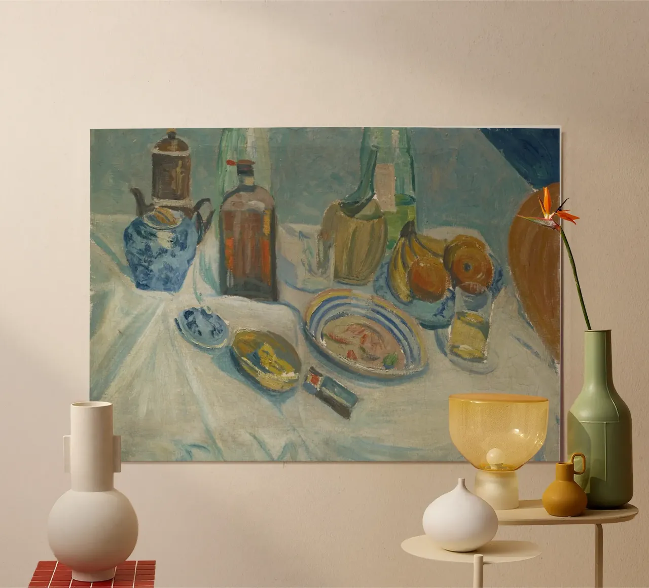 Still Life Bottles & Fruit - Modernist Textured Painting poster by ClubArt