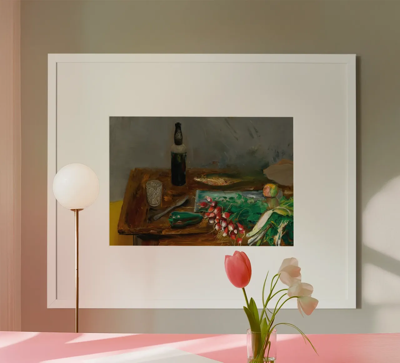 Tavolo da cucina con natura morta - Arte espressiva del cibo e delle bottiglie poster con telaio in plastica da ClubArt