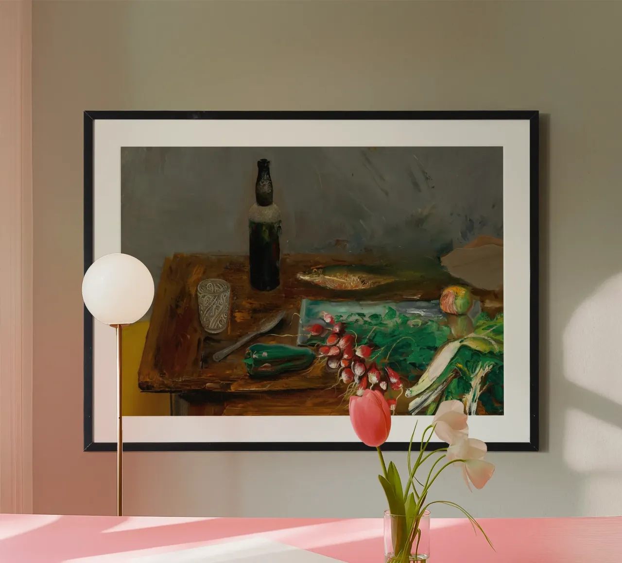 Tavolo da cucina con natura morta - Arte espressiva del cibo e delle bottiglie poster con telaio in plastica da ClubArt