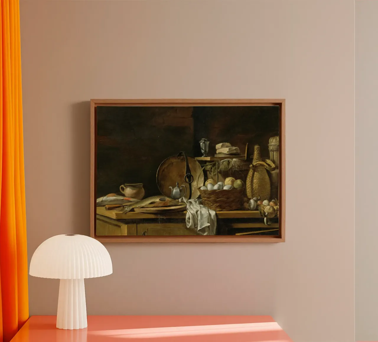 Stilleven keuken voorraadkast - Oude meester vis & eieren canvas met Baklijst van ClubArt