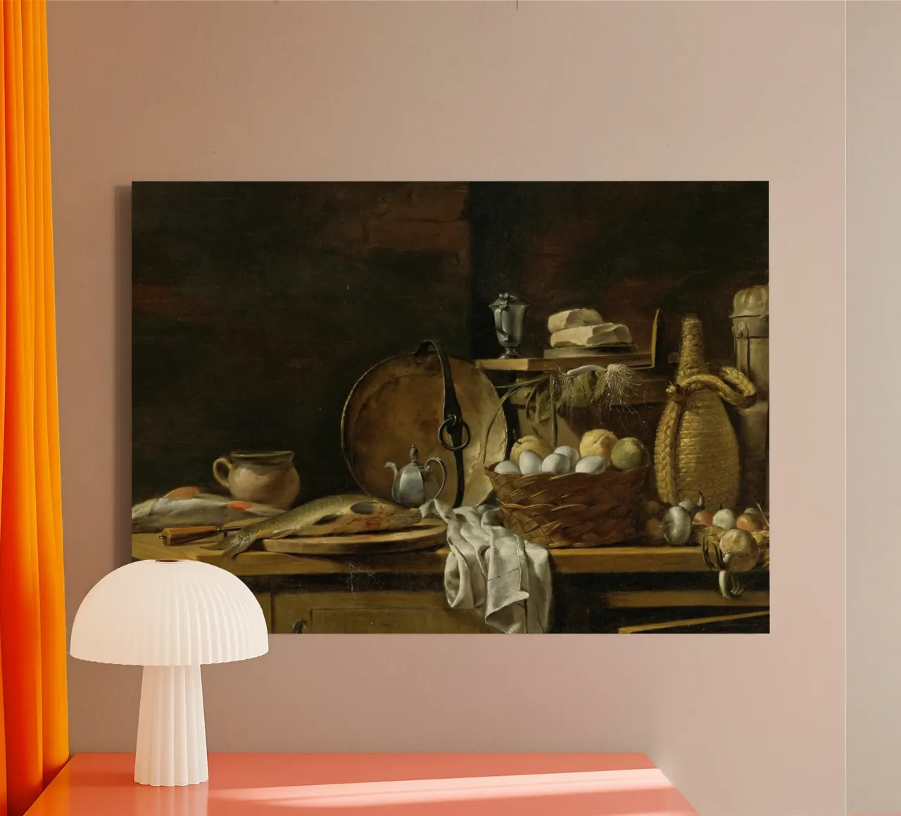 Stilleven keuken voorraadkast - Oude meester vis & eieren canvas met Baklijst van ClubArt