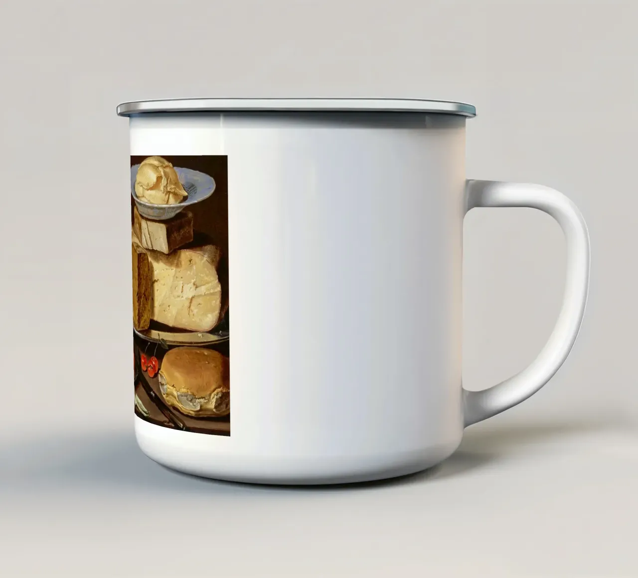 Natura morta di formaggio e carciofi - Old Master Food Art tazza in smalto da ClubArt