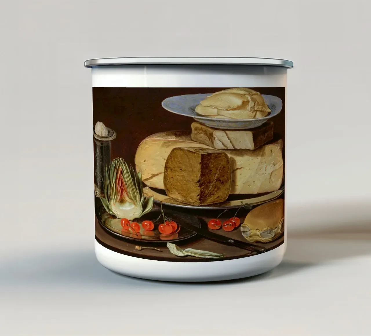 Natura morta di formaggio e carciofi - Old Master Food Art tazza in smalto da ClubArt