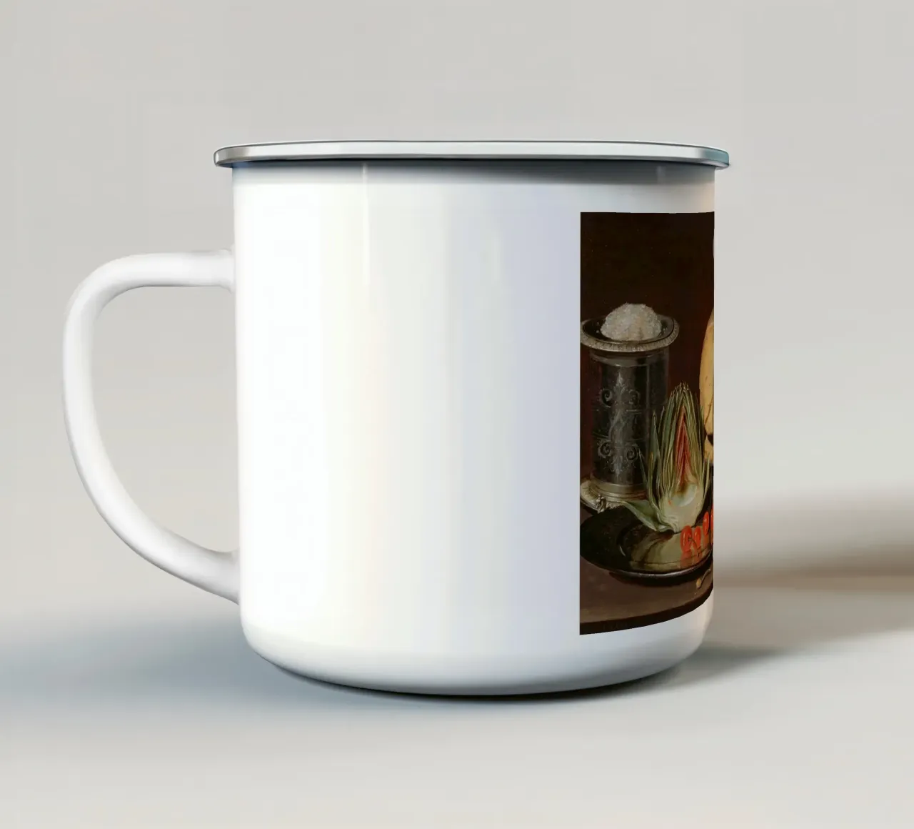 Natura morta di formaggio e carciofi - Old Master Food Art tazza in smalto da ClubArt