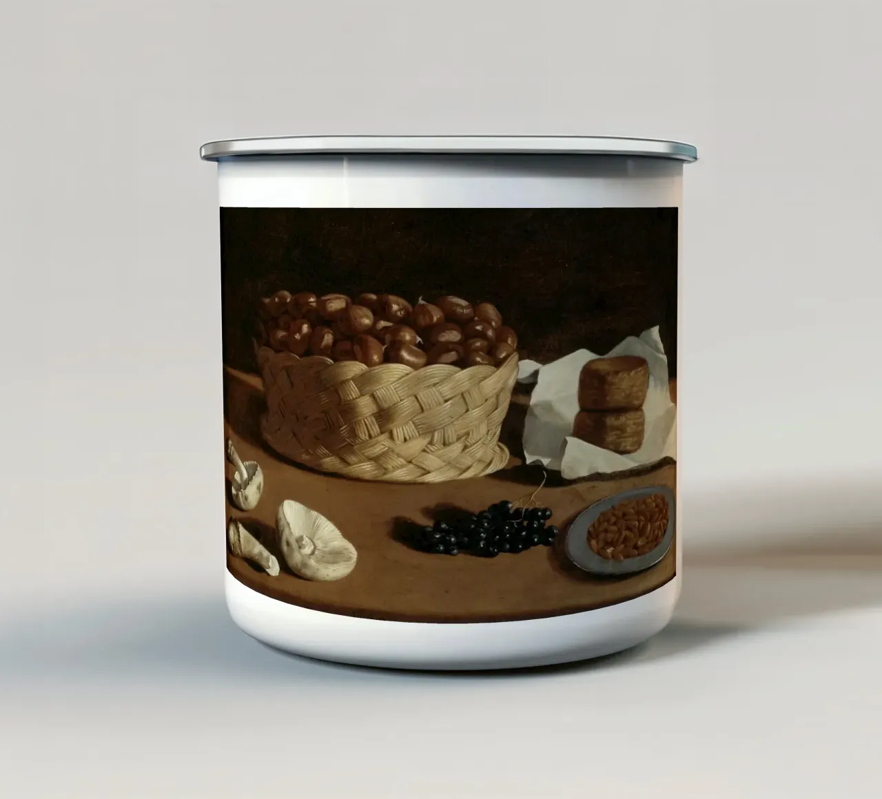Natura morta castagne e funghi - Arte dell'abbondanza classica tazza in smalto da ClubArt