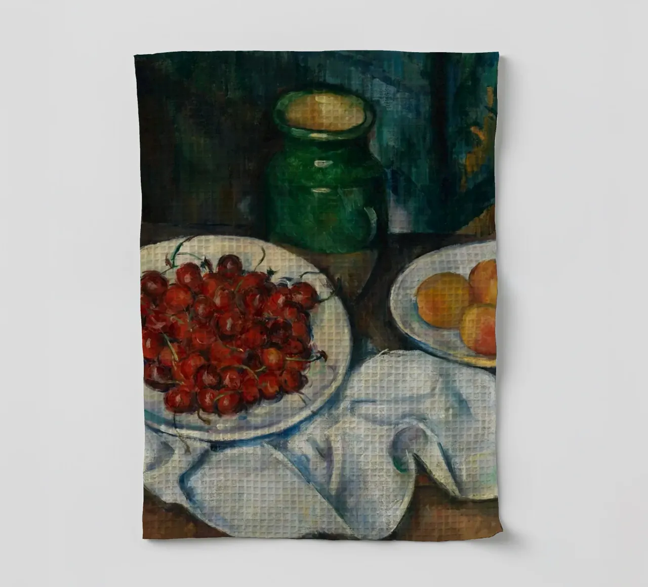 Still Life Cherries Peaches - Post-Impressionist Fruit Art tea towel by ClubArt