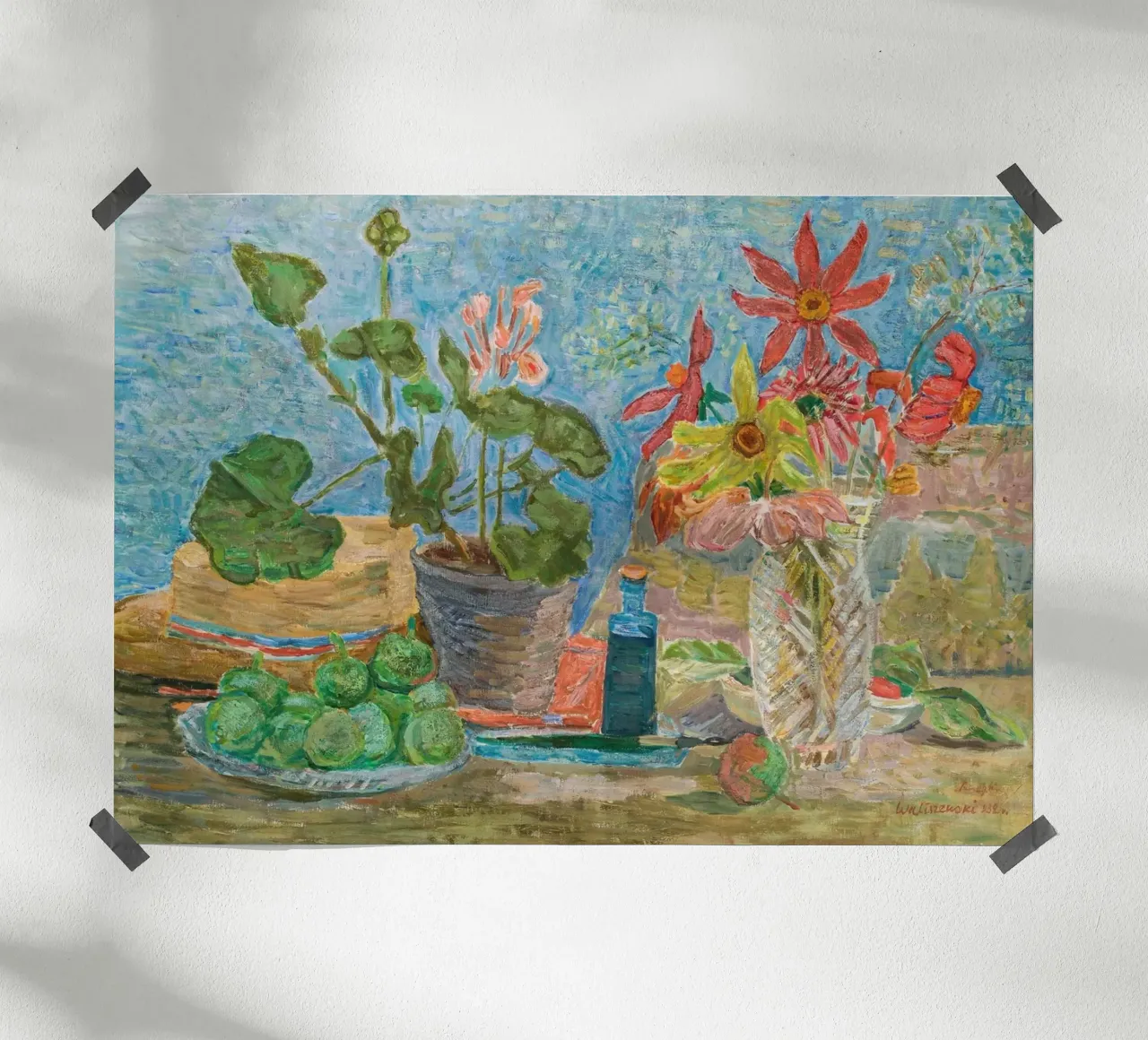 Nature morte Fleurs, figues et chapeau - Un art impressionniste vibrant poster de ClubArt