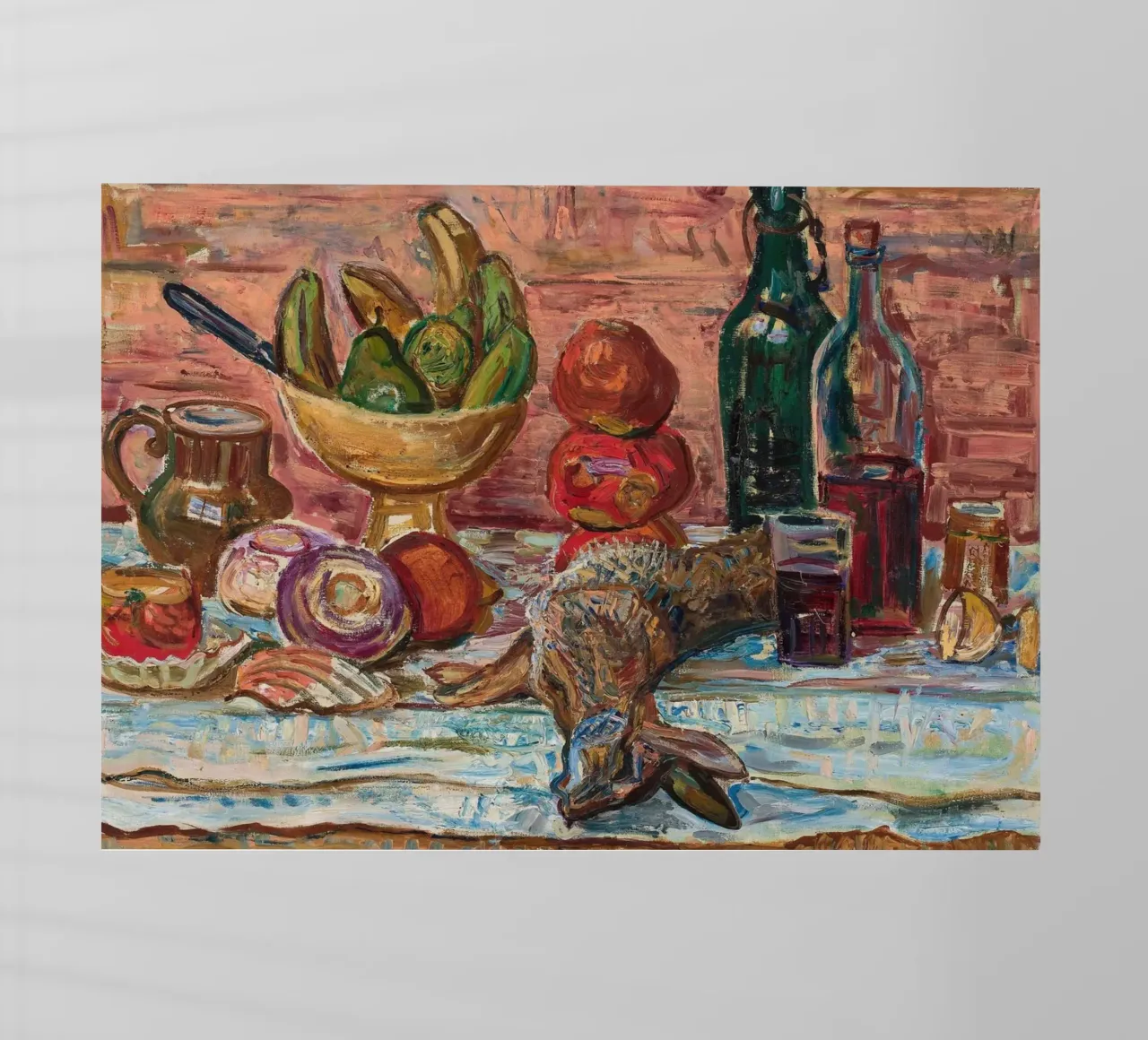 Natura morta di uccelli, frutta e bottiglie - Pittura espressionista pellicola backlit da ClubArt