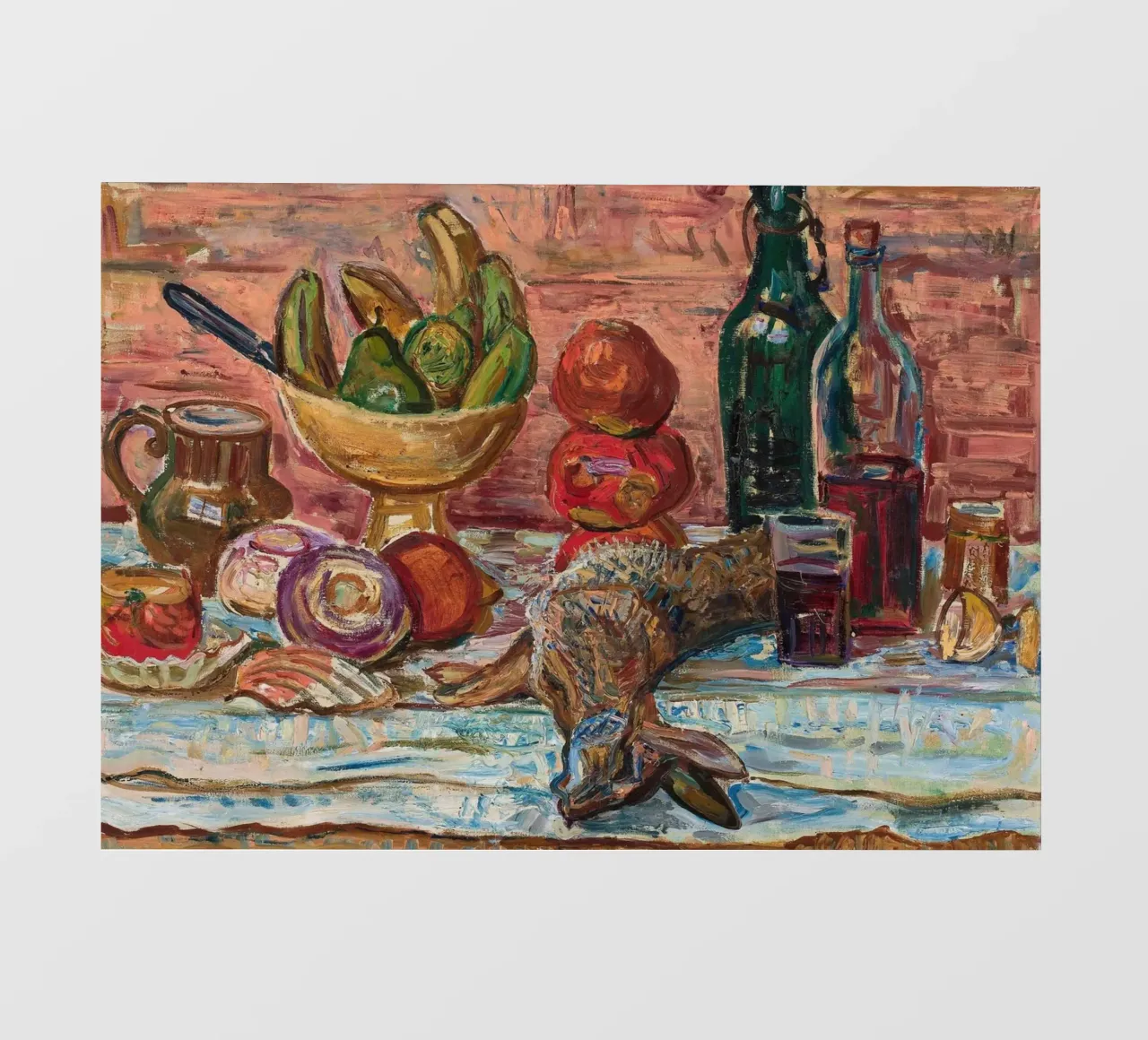 Natura morta di uccelli, frutta e bottiglie - Pittura espressionista pellicola backlit da ClubArt