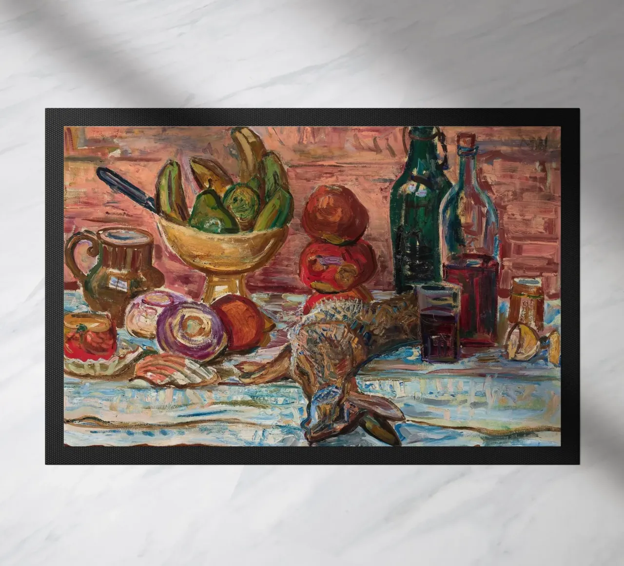 Natura morta di uccelli, frutta e bottiglie - Pittura espressionista zerbino da ClubArt