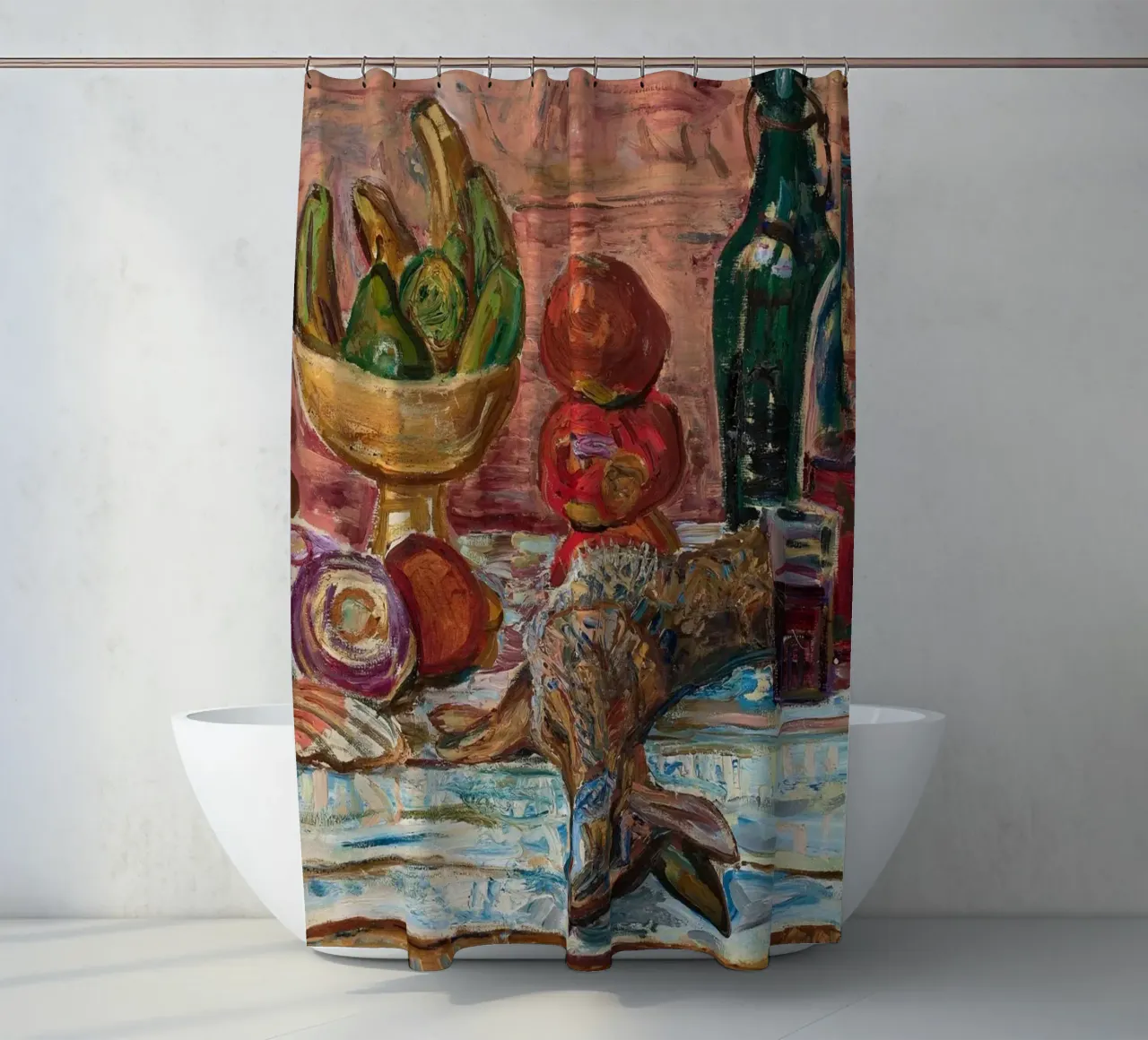 Stillleben Geflügel, Obst und Flaschen - Expressionistische Malerei Duschvorhang von ClubArt