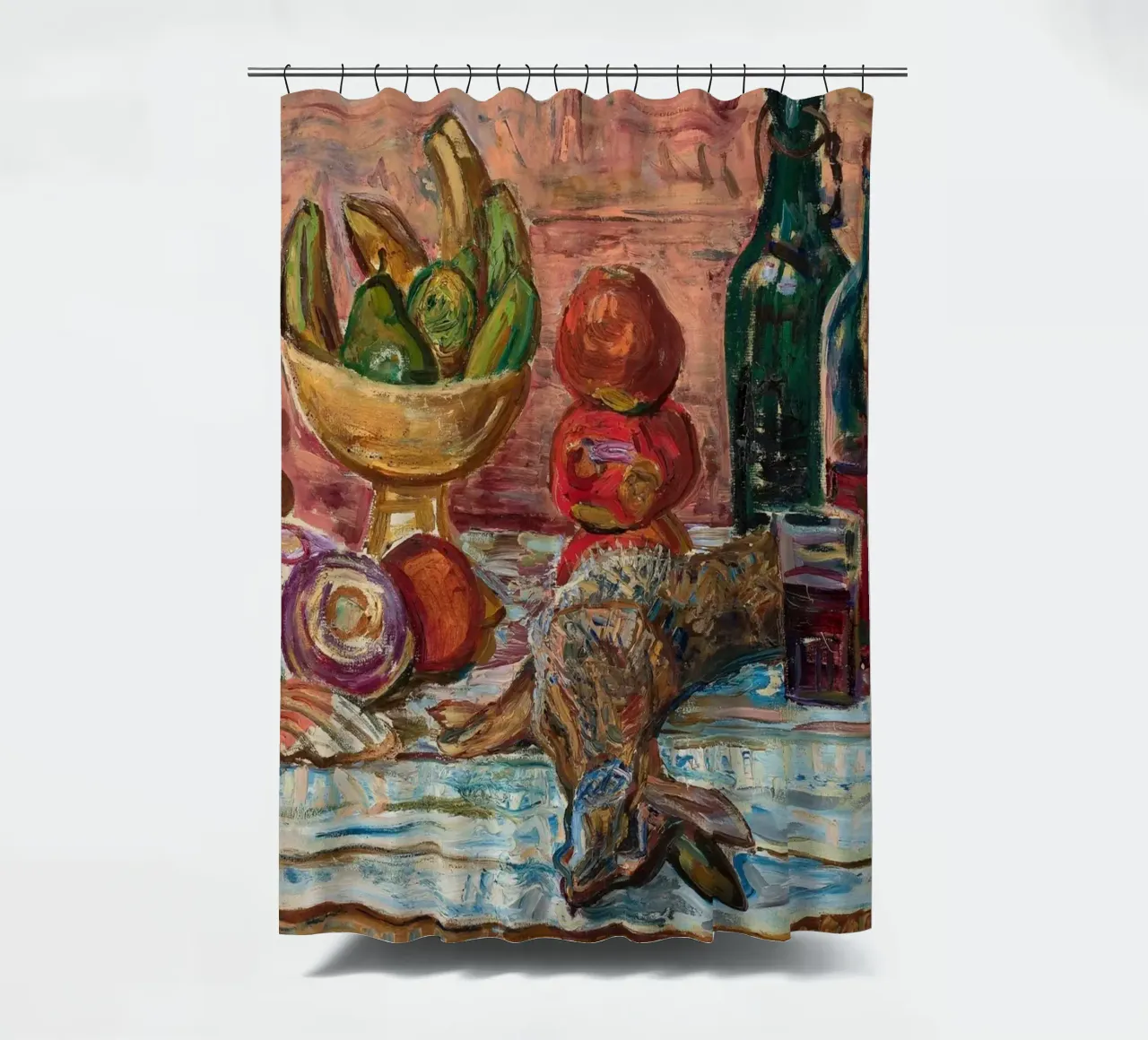Stillleben Geflügel, Obst und Flaschen - Expressionistische Malerei Duschvorhang von ClubArt