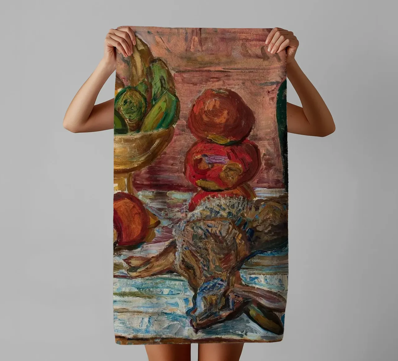Natura morta di uccelli, frutta e bottiglie - Pittura espressionista asciugamano da bagno da ClubArt