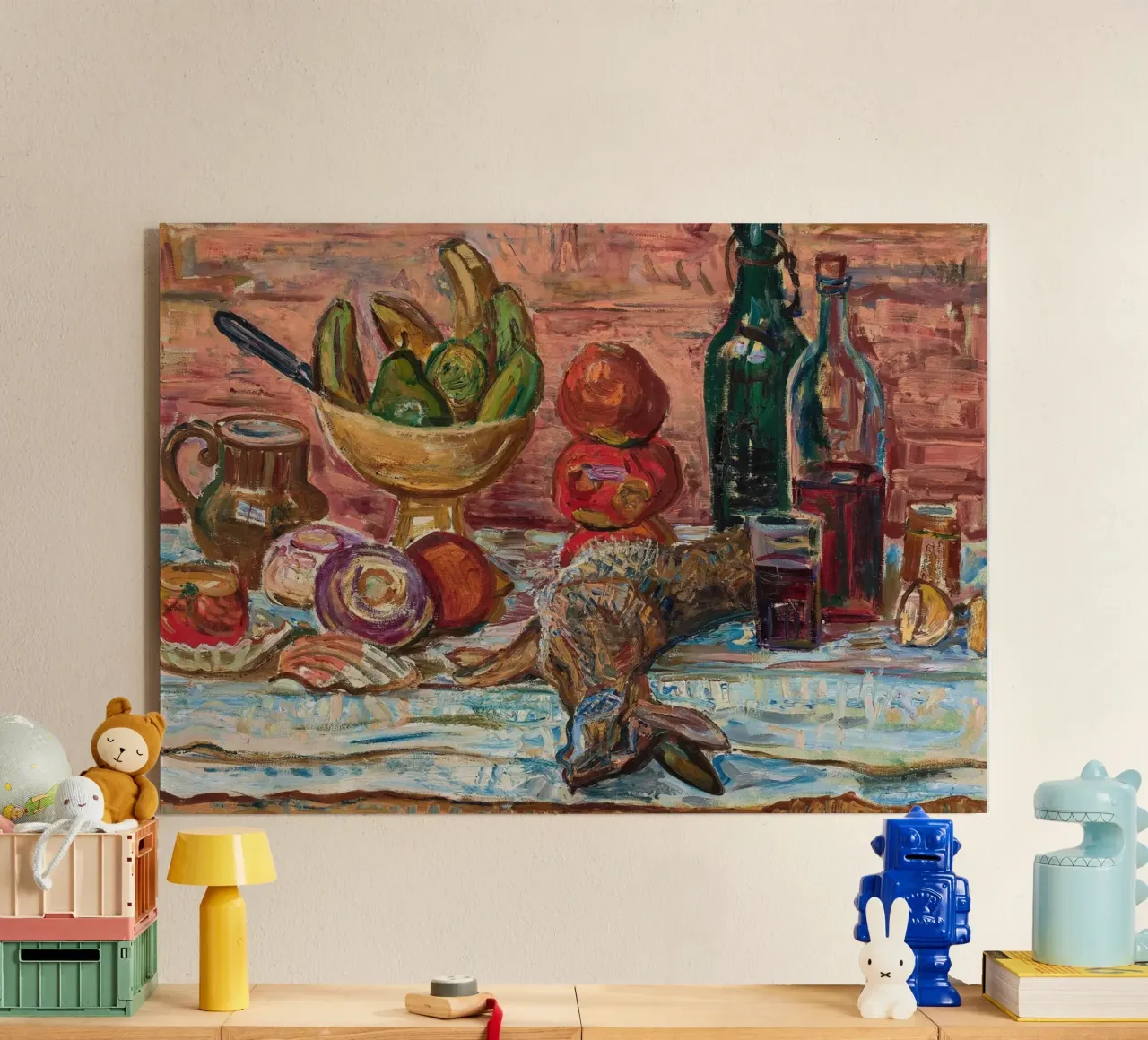 Natura morta di uccelli, frutta e bottiglie - Pittura espressionista plexiglass da ClubArt