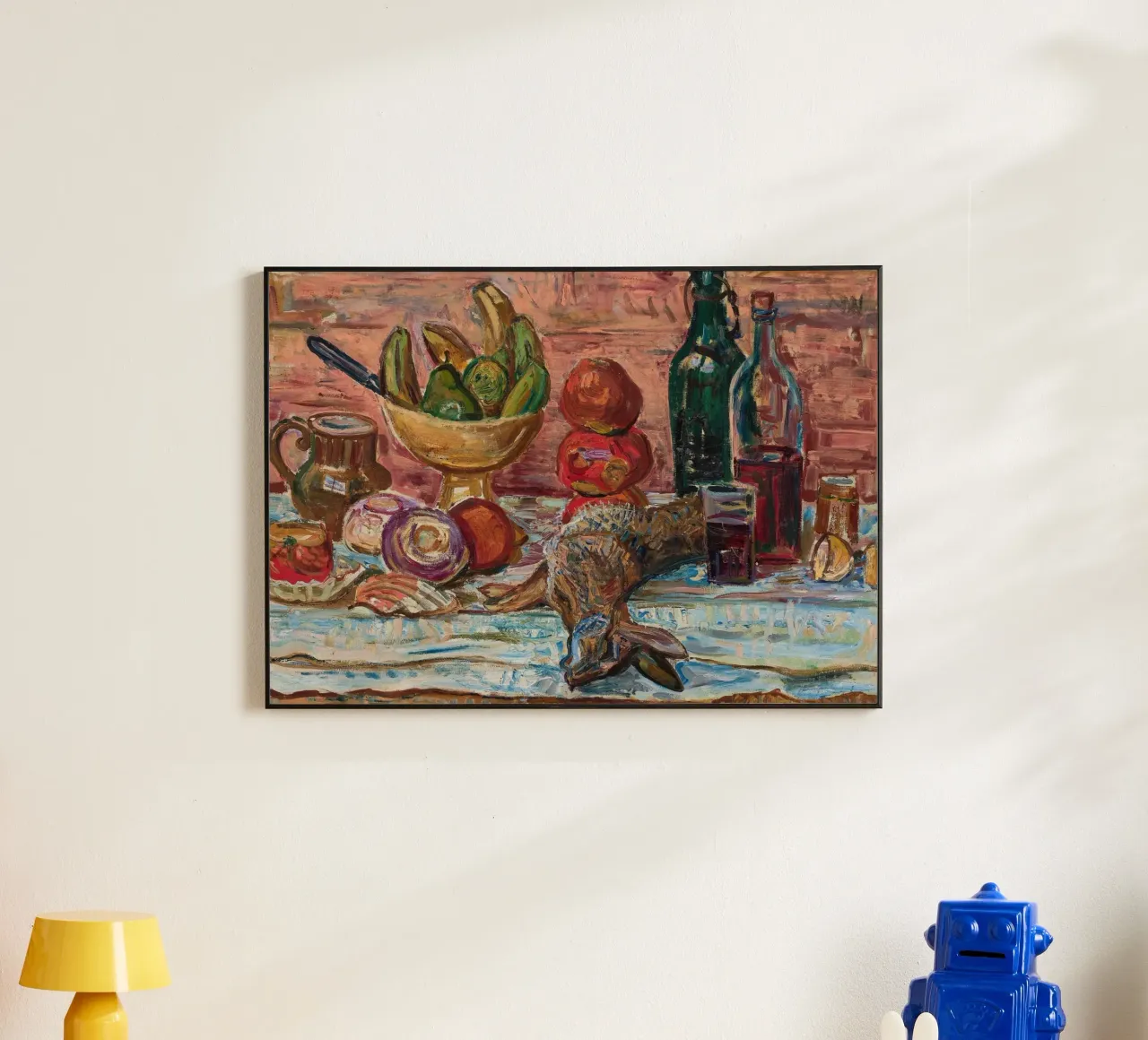 Natura morta di uccelli, frutta e bottiglie - Pittura espressionista alluminio dibond da ClubArt