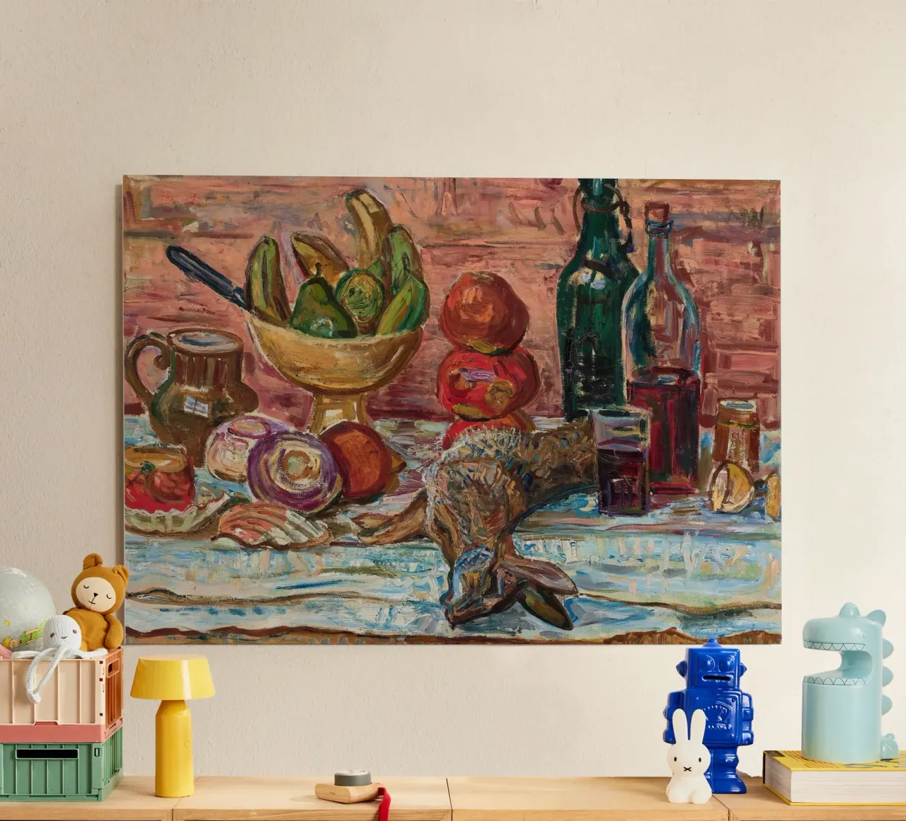 Natura morta di uccelli, frutta e bottiglie - Pittura espressionista alluminio dibond da ClubArt