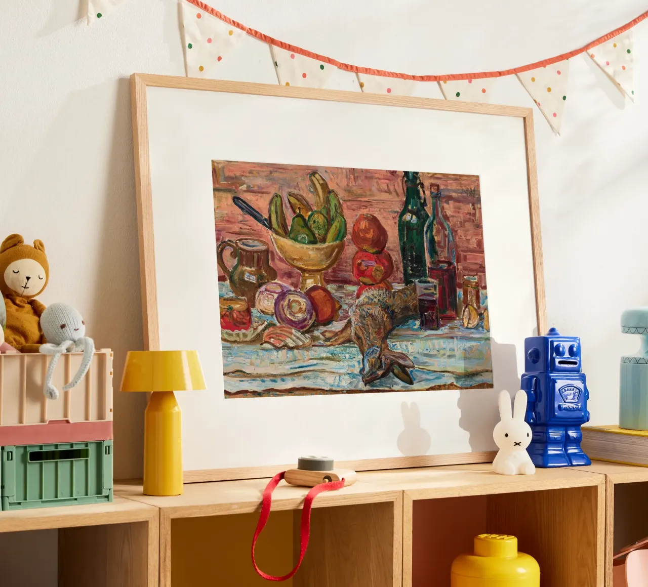 Natura morta di uccelli, frutta e bottiglie - Pittura espressionista carta hahnemühle da ClubArt