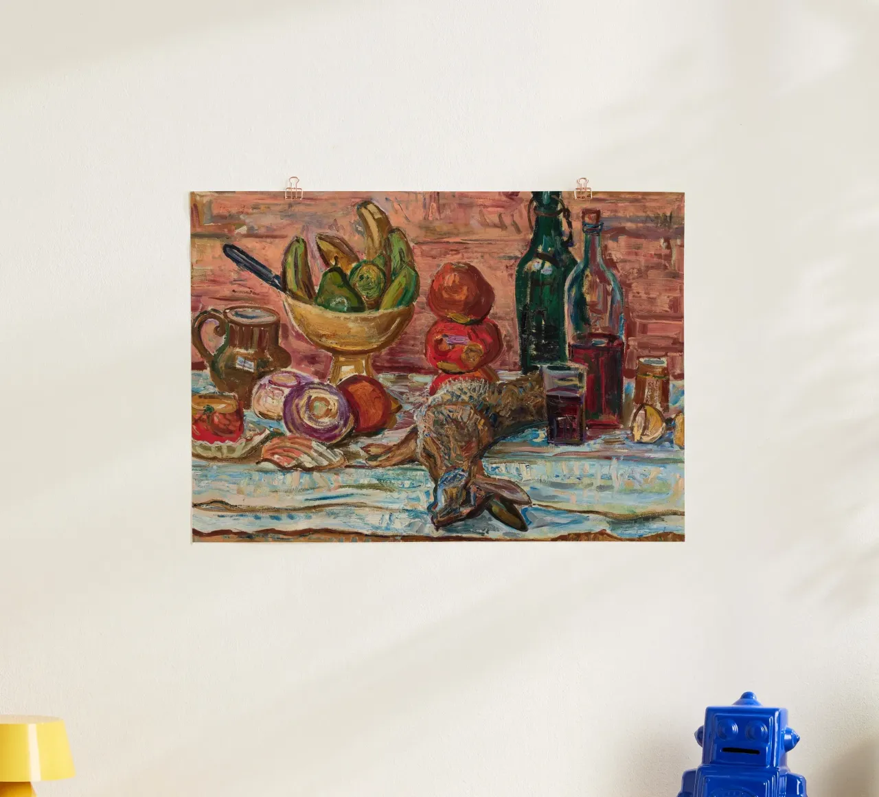 Natura morta di uccelli, frutta e bottiglie - Pittura espressionista carta hahnemühle da ClubArt