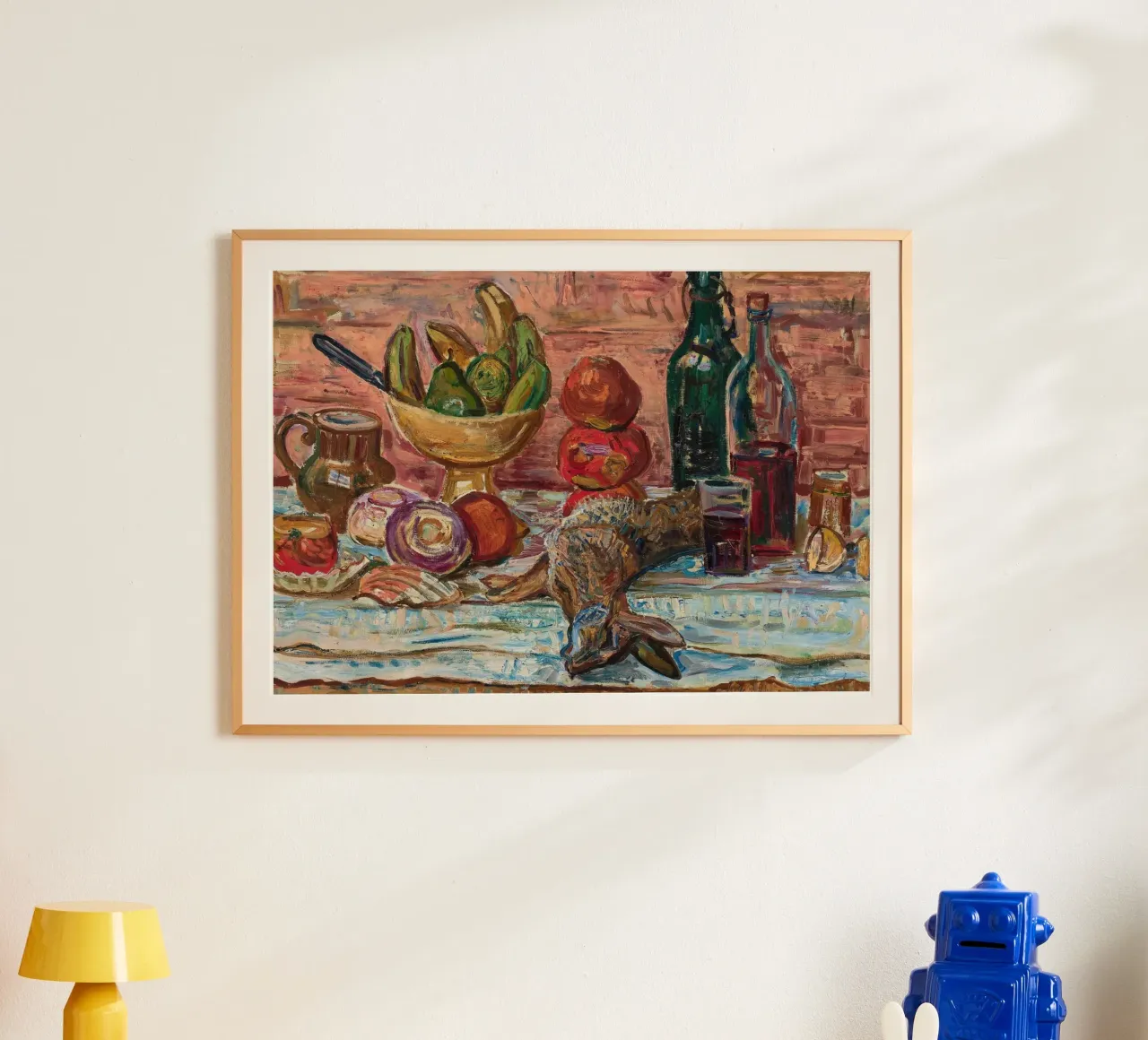 Natura morta di uccelli, frutta e bottiglie - Pittura espressionista carta hahnemühle da ClubArt