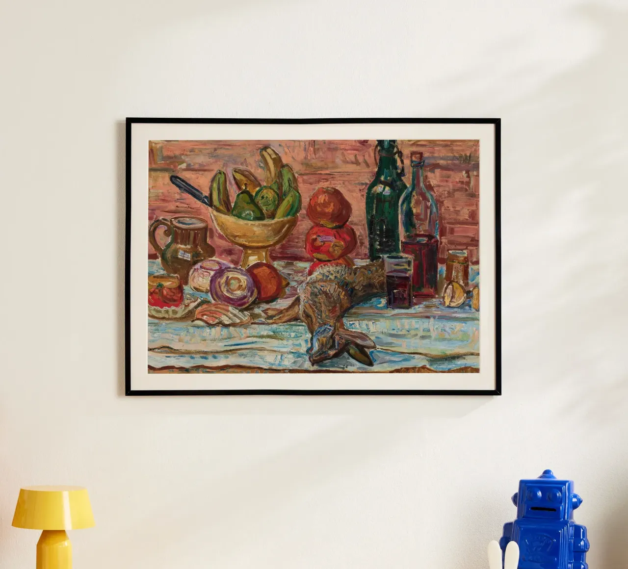 Natura morta di uccelli, frutta e bottiglie - Pittura espressionista carta hahnemühle da ClubArt