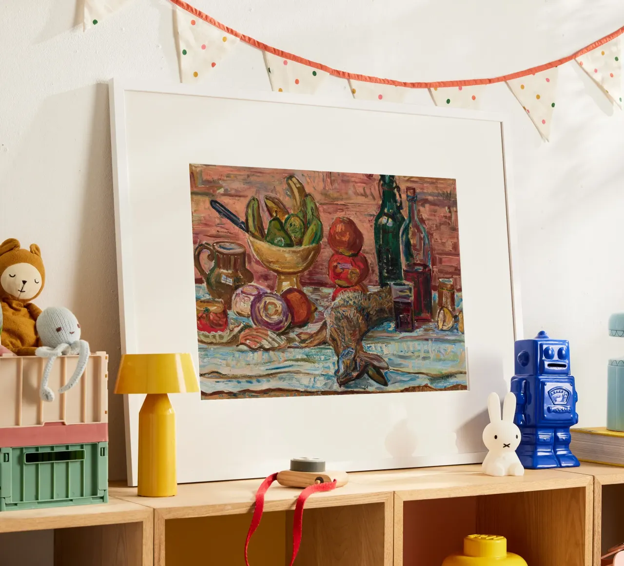 Natura morta di uccelli, frutta e bottiglie - Pittura espressionista carta hahnemühle da ClubArt