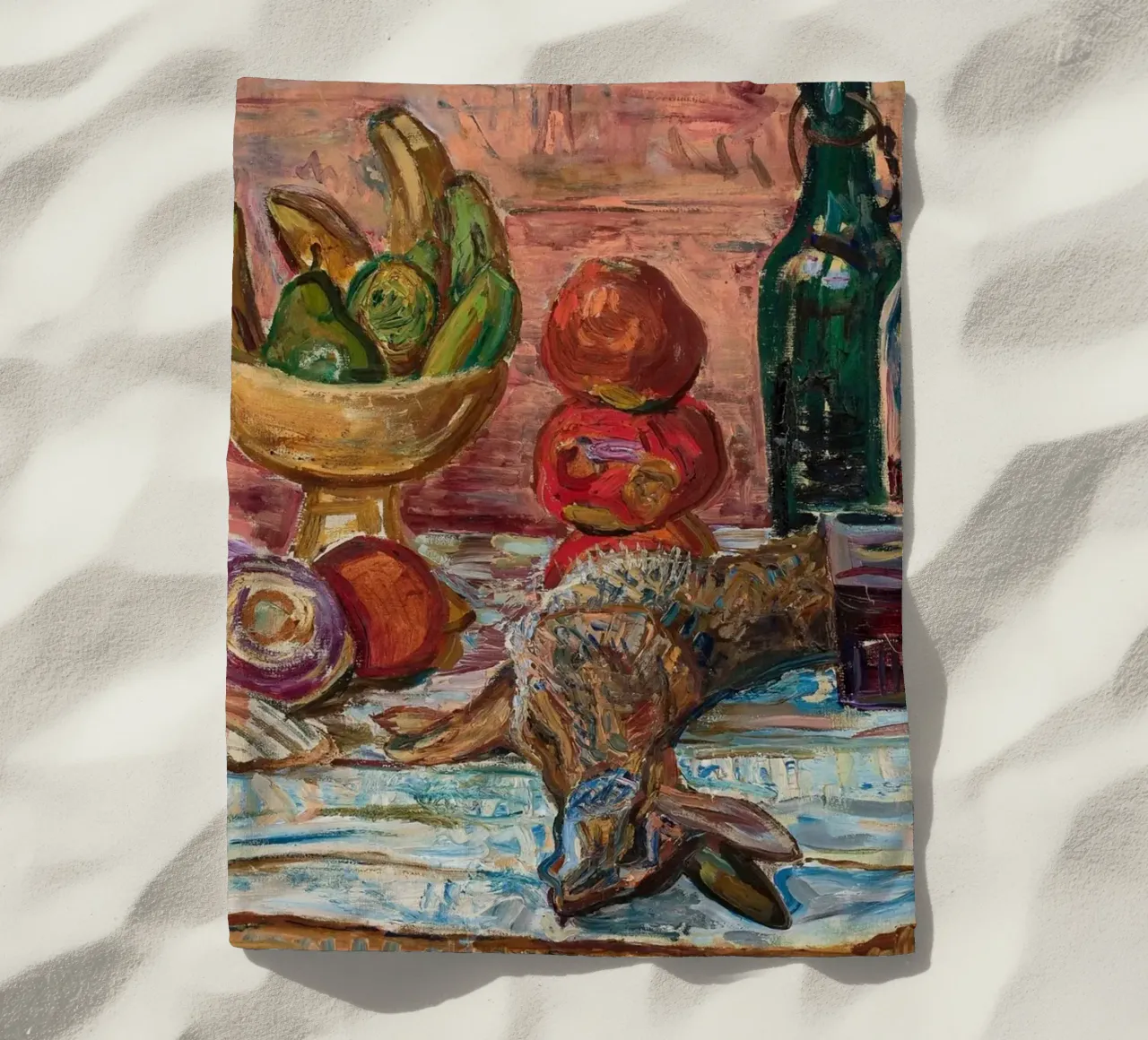 Natura morta di uccelli, frutta e bottiglie - Pittura espressionista telo mare da ClubArt