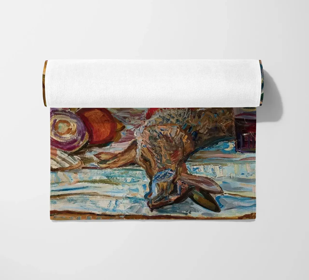 Natura morta di uccelli, frutta e bottiglie - Pittura espressionista telo mare da ClubArt